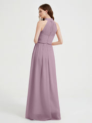 Col Haut Mousseline Robes Avec Fente Et Ceinture Nœud Vintage Mauve