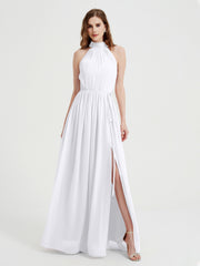 Col Haut Mousseline Robes Avec Fente Et Ceinture Nœud Blanc