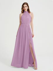 Col Haut Mousseline Robes Avec Fente Et Ceinture Nœud Glycine