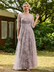 Robe Plissée à A-ligne en Dentelle avec Demi-Manches Crépuscule