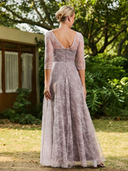 Robe Plissée à A-ligne en Dentelle avec Demi-Manches Crépuscule