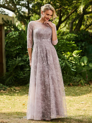 Robe Plissée à A-ligne en Dentelle avec Demi-Manches Crépuscule