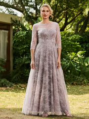 Robe Plissée à A-ligne en Dentelle avec Demi-Manches Crépuscule