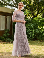 Robe Plissée à A-ligne en Dentelle avec Demi-Manches Crépuscule