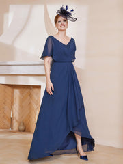 Robe Plissée en Mousseline à Col en V avec Manches Flottantes Bleu Marine Grande Taille