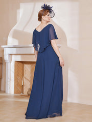 Robe Plissée en Mousseline à Col en V avec Manches Flottantes Bleu Marine Grande Taille