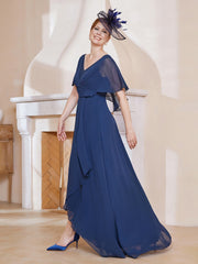 Robe Plissée en Mousseline à Col en V avec Manches Flottantes Bleu Marine