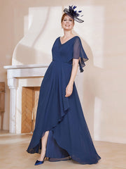 Robe Plissée en Mousseline à Col en V avec Manches Flottantes Bleu Marine