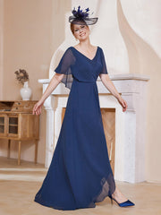 Robe Plissée en Mousseline à Col en V avec Manches Flottantes Bleu Marine Grande Taille