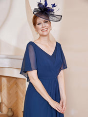 Robe Plissée en Mousseline à Col en V avec Manches Flottantes Bleu Marine