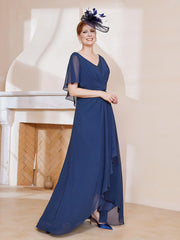 Robe Plissée en Mousseline à Col en V avec Manches Flottantes Bleu Marine Grande Taille