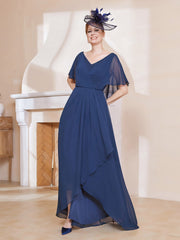 Robe Plissée en Mousseline à Col en V avec Manches Flottantes Bleu Marine Grande Taille