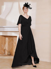 Robe Plissée en Mousseline à Col en V avec Manches Flottantes Noir Grande Taille