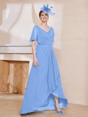 Robe Plissée en Mousseline à Col en V avec Manches Flottantes Bleu Grande Taille