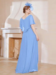 Robe Plissée en Mousseline à Col en V avec Manches Flottantes Bleu