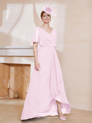 Robe Plissée en Mousseline à Col en V avec Manches Flottantes Rose Pâle