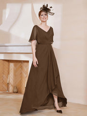 Robe Plissée en Mousseline à Col en V avec Manches Flottantes Brun