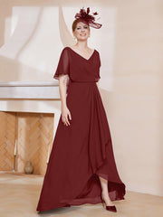 Robe Plissée en Mousseline à Col en V avec Manches Flottantes Bordeaux