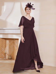 Robe Plissée en Mousseline à Col en V avec Manches Flottantes Cabernet