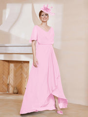 Robe Plissée en Mousseline à Col en V avec Manches Flottantes Rose Bonbon Grande Taille