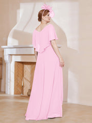 Robe Plissée en Mousseline à Col en V avec Manches Flottantes Rose Bonbon Grande Taille