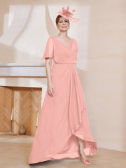Robe Plissée en Mousseline à Col en V avec Manches Flottantes Corail Grande Taille