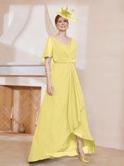 Robe Plissée en Mousseline à Col en V avec Manches Flottantes Jonquille
