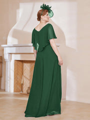 Robe Plissée en Mousseline à Col en V avec Manches Flottantes Vert Foncé Grande Taille