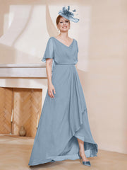 Robe Plissée en Mousseline à Col en V avec Manches Flottantes Bleu Poudré