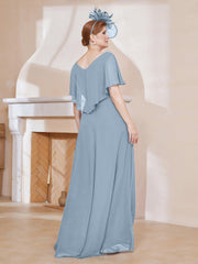 Robe Plissée en Mousseline à Col en V avec Manches Flottantes Bleu Poudré Grande Taille