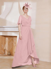 Robe Plissée en Mousseline à Col en V avec Manches Flottantes Rose Poudré