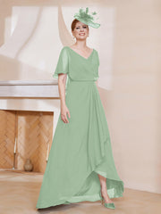 Robe Plissée en Mousseline à Col en V avec Manches Flottantes Sauge Poudrée Grande Taille