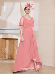 Robe Plissée en Mousseline à Col en V avec Manches Flottantes Flamant