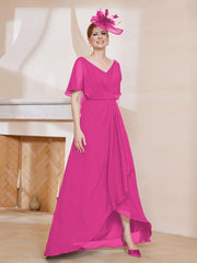 Robe Plissée en Mousseline à Col en V avec Manches Flottantes Fuchsia Grande Taille