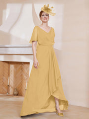 Robe Plissée en Mousseline à Col en V avec Manches Flottantes Or