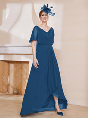 Robe Plissée en Mousseline à Col en V avec Manches Flottantes Bleu Encre