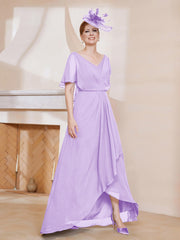 Robe Plissée en Mousseline à Col en V avec Manches Flottantes Lilas
