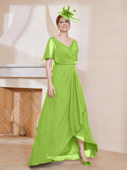 Robe Plissée en Mousseline à Col en V avec Manches Flottantes Vert Citron Grande Taille