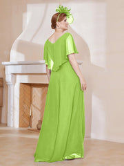 Robe Plissée en Mousseline à Col en V avec Manches Flottantes Vert Citron Grande Taille