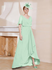 Robe Plissée en Mousseline à Col en V avec Manches Flottantes Vert Menthe Grande Taille