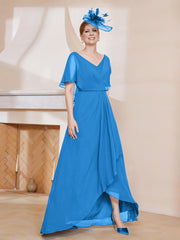 Robe Plissée en Mousseline à Col en V avec Manches Flottantes Bleu Océan Grande Taille