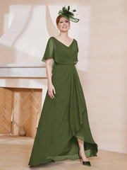 Robe Plissée en Mousseline à Col en V avec Manches Flottantes Olive Verte