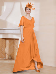 Robe Plissée en Mousseline à Col en V avec Manches Flottantes Orange Grande Taille