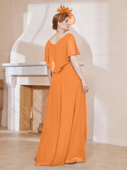 Robe Plissée en Mousseline à Col en V avec Manches Flottantes Orange Grande Taille