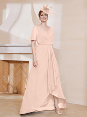 Robe Plissée en Mousseline à Col en V avec Manches Flottantes Rose Perle Grande Taille