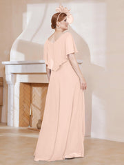 Robe Plissée en Mousseline à Col en V avec Manches Flottantes Rose Perle