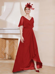 Robe Plissée en Mousseline à Col en V avec Manches Flottantes Rouge