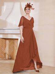 Robe Plissée en Mousseline à Col en V avec Manches Flottantes Rouille Grande Taille
