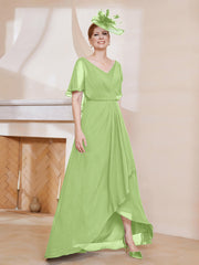 Robe Plissée en Mousseline à Col en V avec Manches Flottantes Sauge Grande Taille