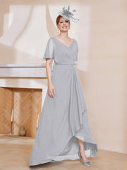 Robe Plissée en Mousseline à Col en V avec Manches Flottantes Argent